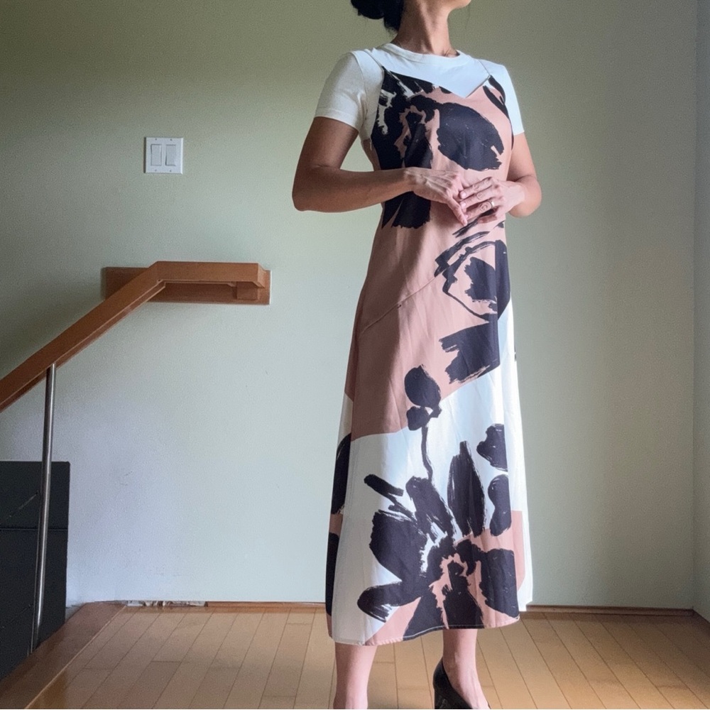 NEW NEUTRAL PRINTED MIDI DRESS ADJUSTABLE STRAPS